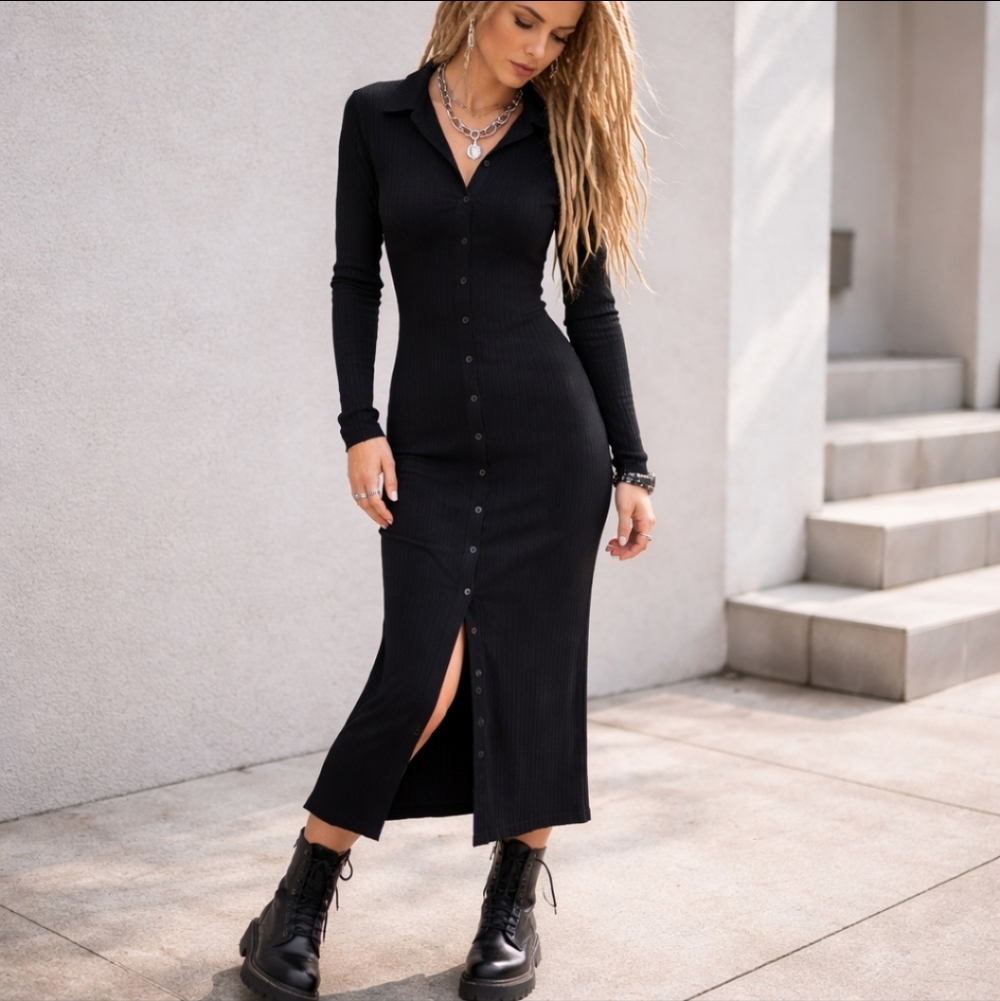 Chaser Black Ribbed Knit Button Front Long Sleeve Maxi Dress Sz S